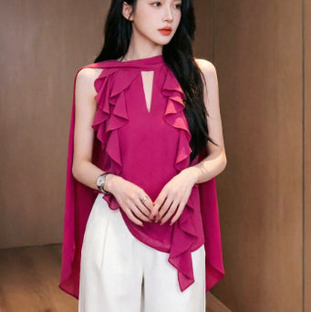 Chemise française sans manches volante pour femme