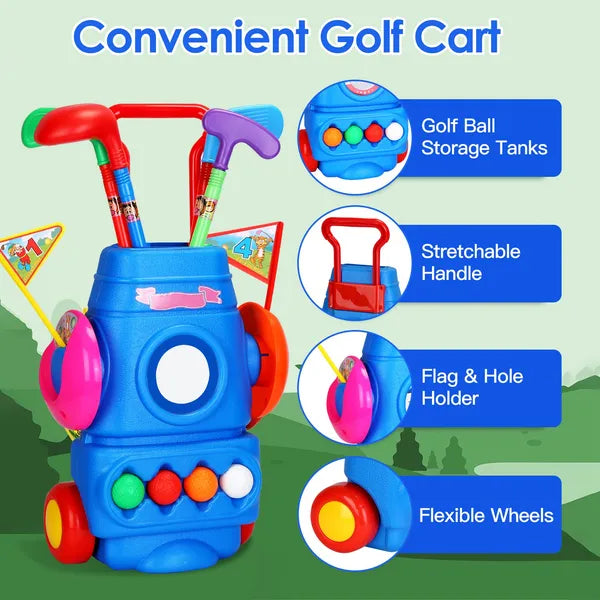 Jeu de golf pour tout-petits avec 4 Balles 4 Clubs 2 Trous 2 Drapeaux Golf Panier Golf intérieur en plein air