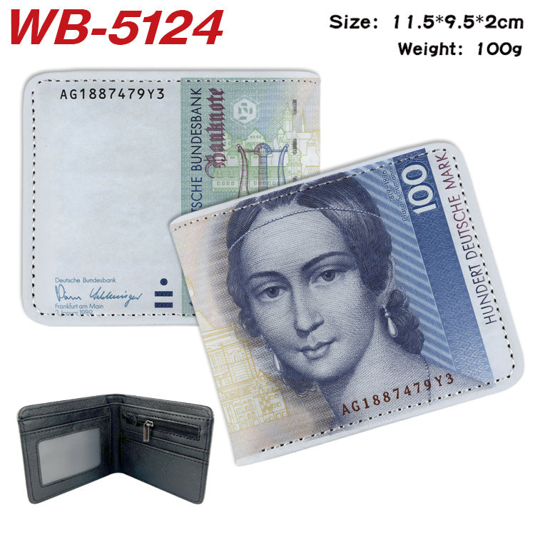 Portefeuille avec un design pliable avec des motifs de devises internationaux sur les bords