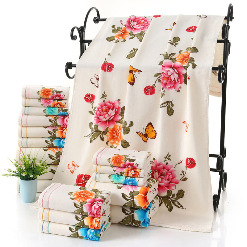 Serviette en tissu bicolore imprimée avec des fleurs de pivoine