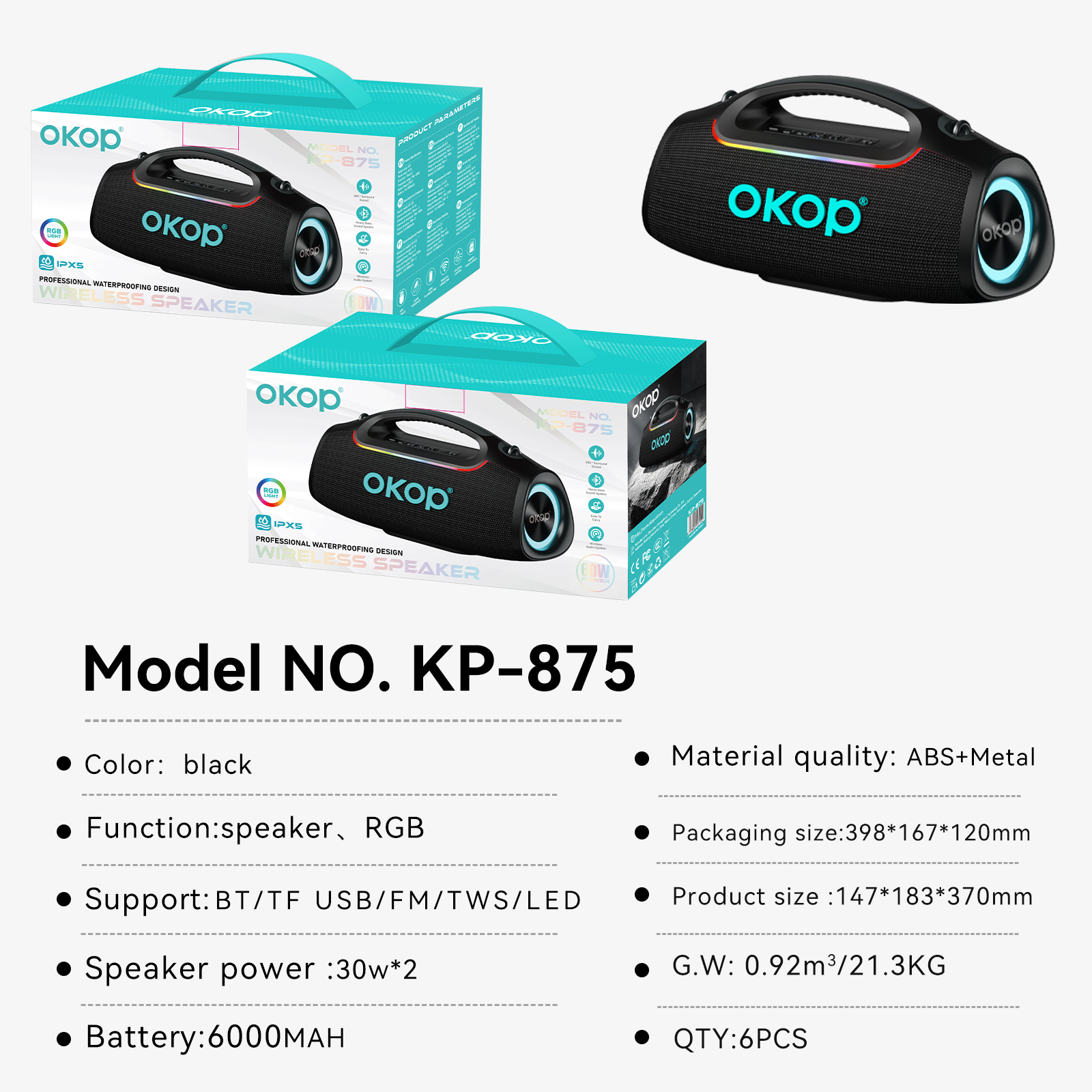 KP-875 Meilleur marché Portable Bluetooth haut-parleur haute puissance RGB éclairage multifunct