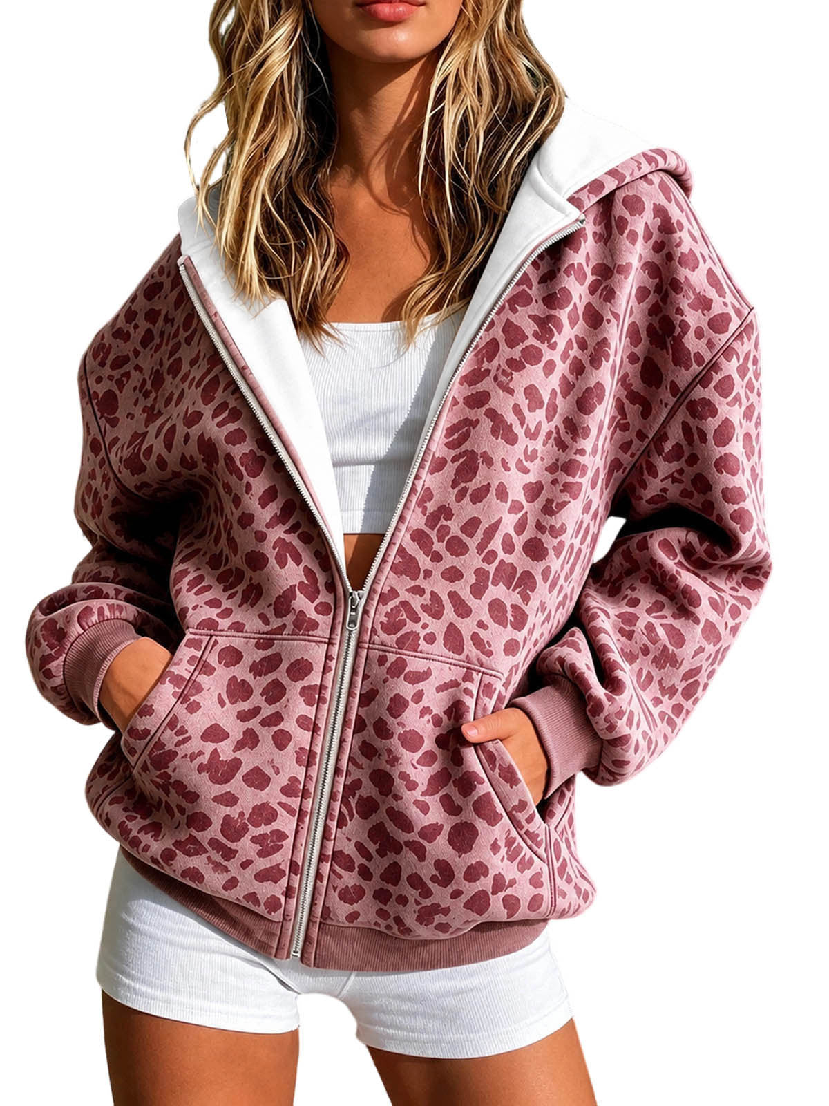 Cross Border European and American Women's Fashion Leopard Print Sweatshirt à capuche zippé