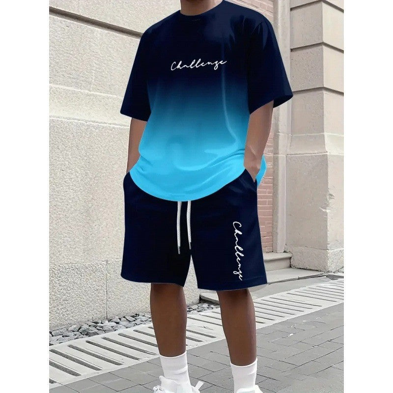 Gradient Lettre 3D numérique impression T-shirt et shorts ensemble hommes tendance motif deux pièces Outf