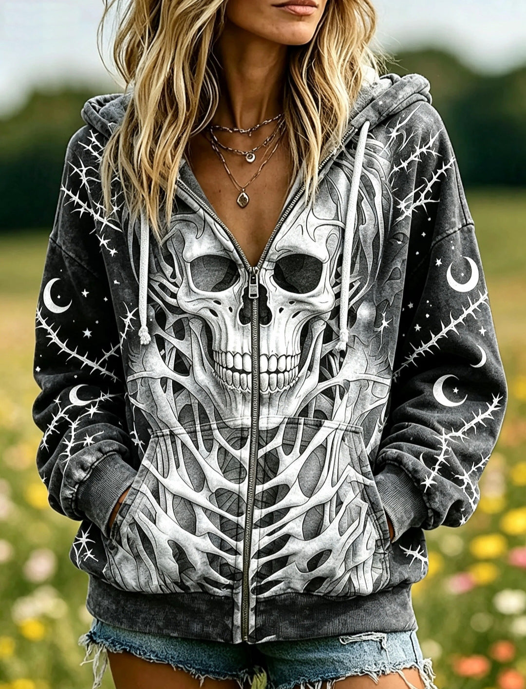 European And American Style Halloween à capuche Cardigan Femme Top Creative Skull Floral Wi