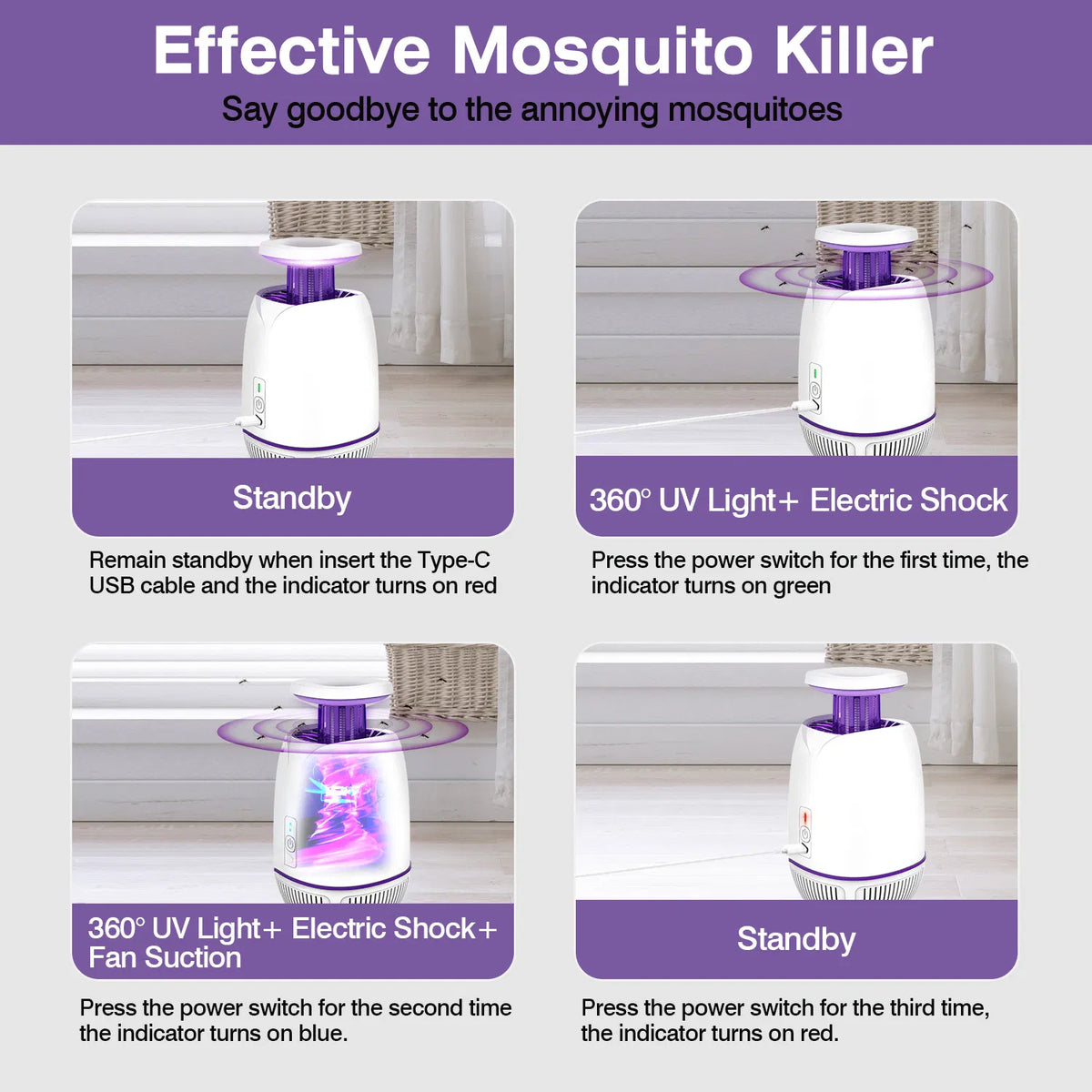 Plug-in Mosquito Zapper Max 1076Sq.Feet Range Vol électrique Zapper avec 3 modes Mosquito Ki