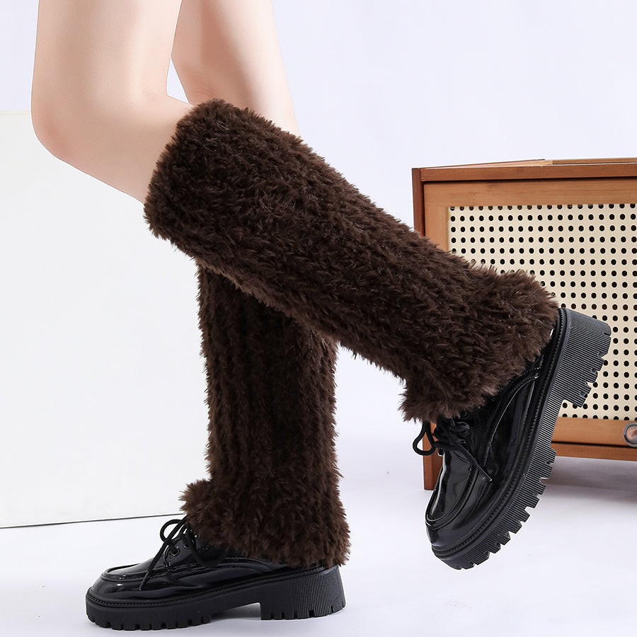 Automne Hiver Solide tricoté housses de chaussettes floues femmes épaissé chaud Y2K style polaire