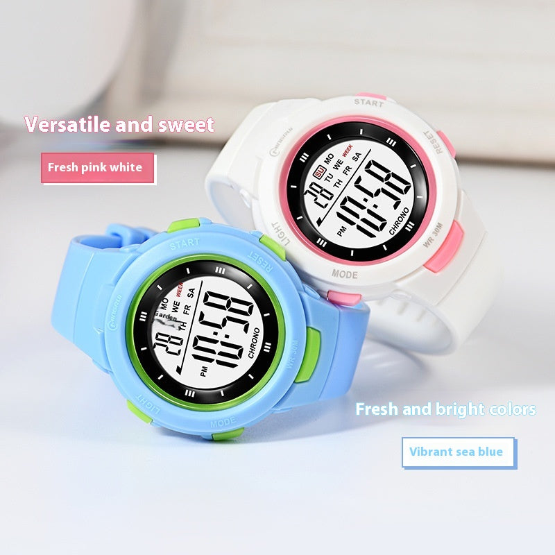 Fashion épingle boucle lumineuse imperméable PU strap Student Montre électronique