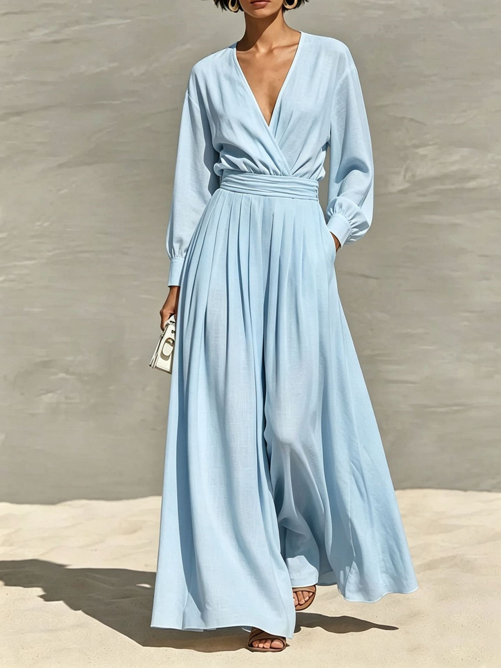Robe de saut en V coiffée couleur solide pour femmes