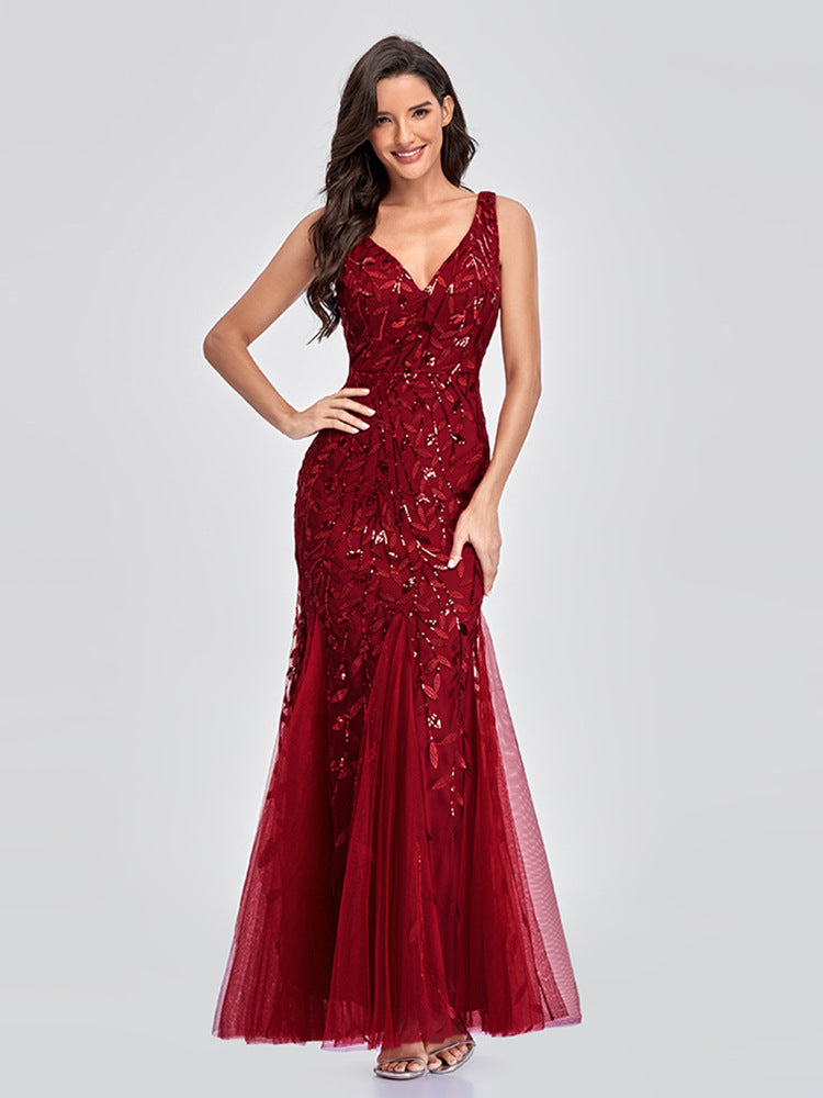 Robe de soirée européenne et américaine Col V Tulle Brodé Paillettes Sexy Sirène Prom Dre