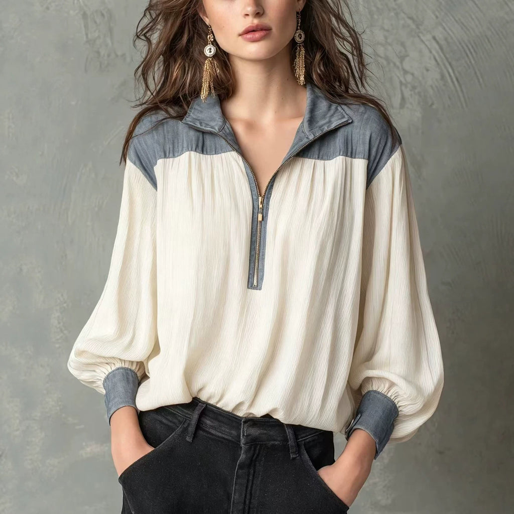 Chemise casual femme à manches longues avec une fermeture éclair et manches de puff