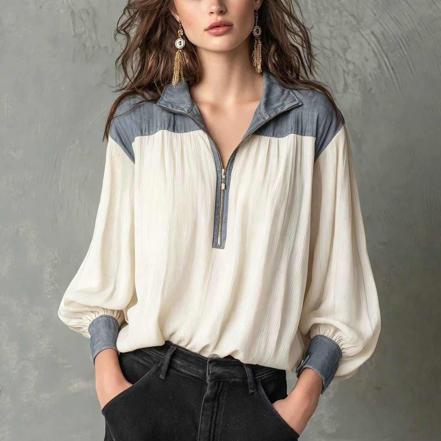 Chemise casual femme à manches longues avec une fermeture éclair et manches de puff