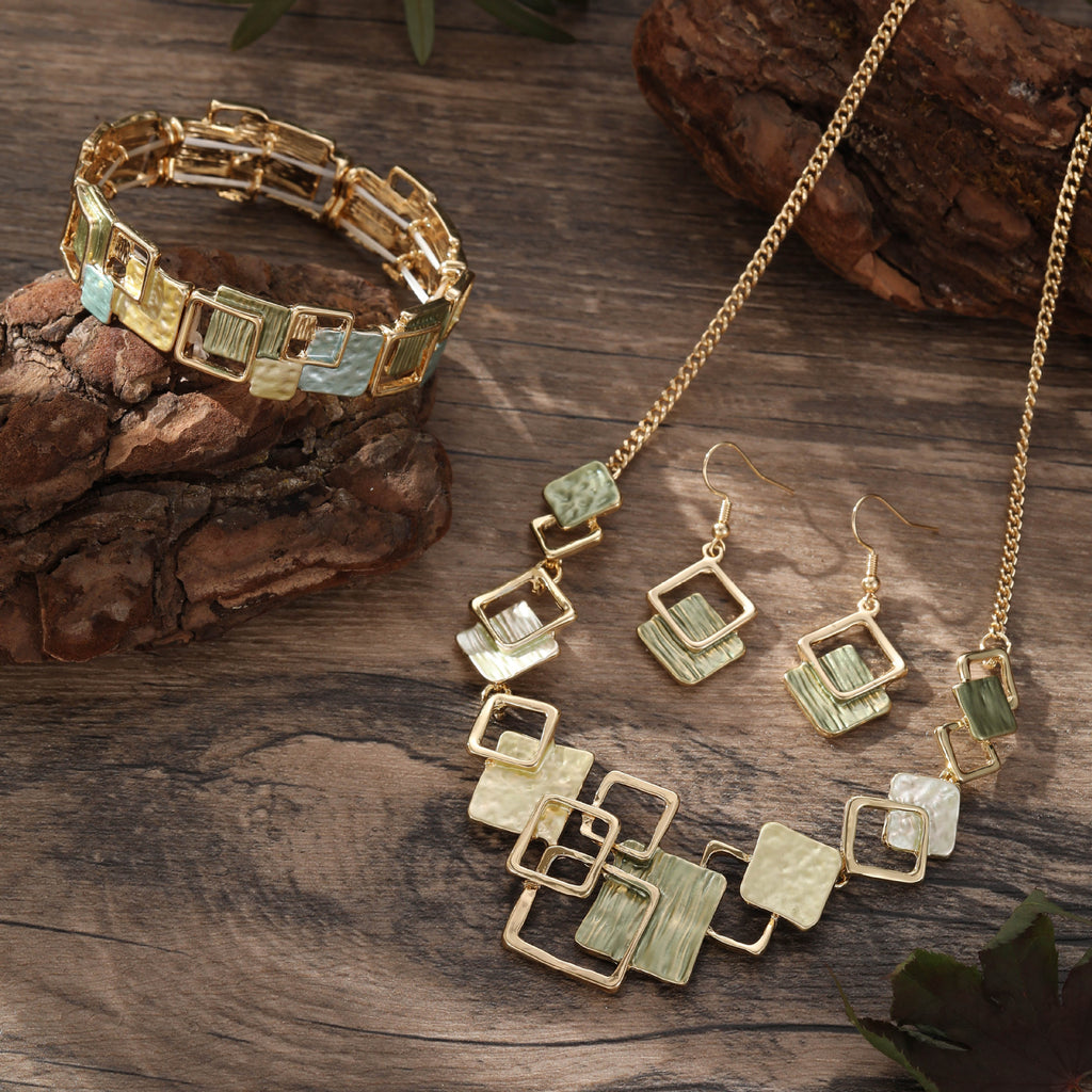 Couleur Peinture huile géométrique carré oreille Studs bracelet et collier
