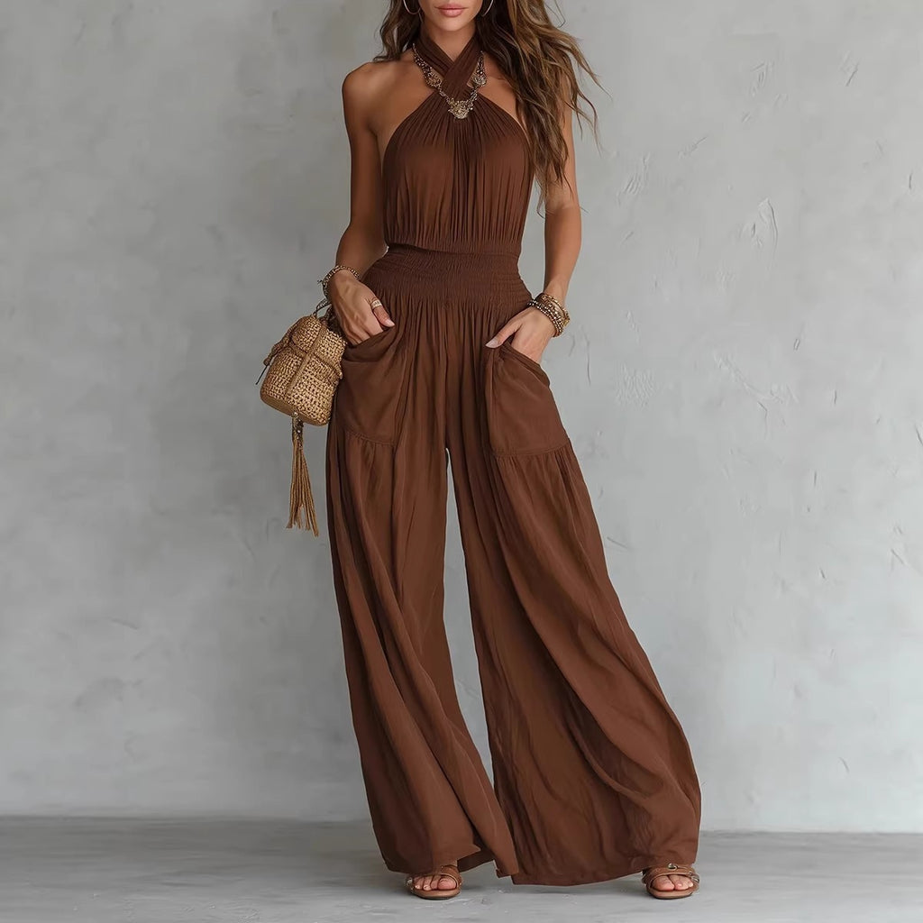 Cross border Women Vêtements Export Bohemian Style Backless Sleeveless Large Leg Jumpsuit Wi