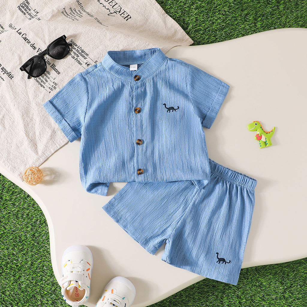 Polyester Baby Boys' Printemps été Couleur unie Dinosaure brodé Chemise à manches courtes Sol