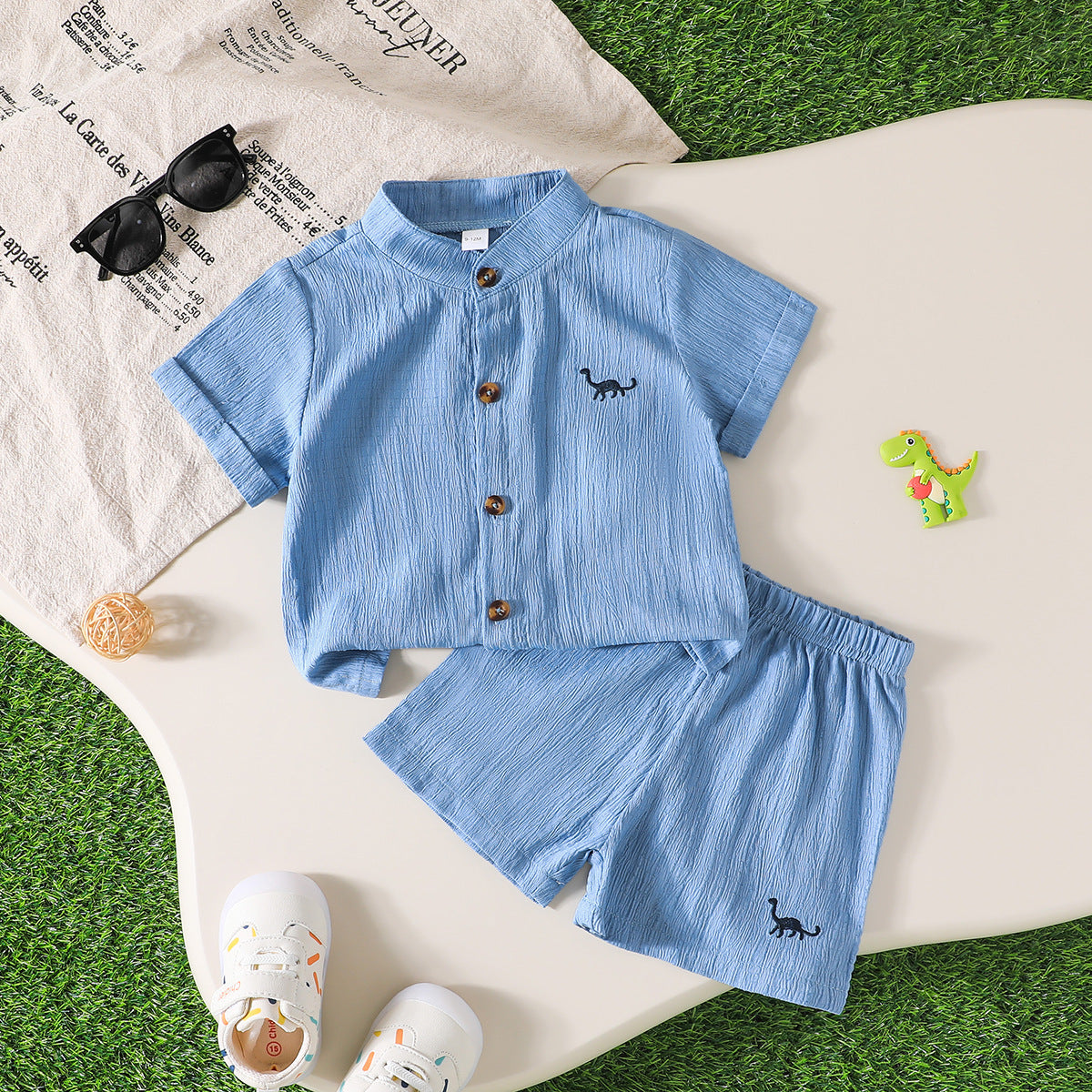 Polyester Baby Boys' Printemps été Couleur unie Dinosaure brodé Chemise à manches courtes Sol