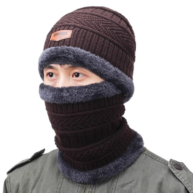 Chapeau d'hiver Protection de l'oreille chaude des hommes Chapeau tricoté en polaire Écharpe épaissée Ensemble de deux pièces