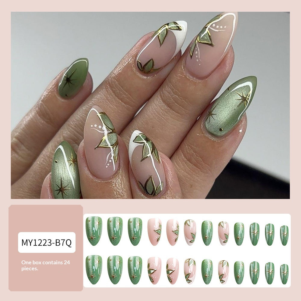 Short 24-pièces en forme d'amande Nail White Edge Faux Nails de style français avec oeil de chat