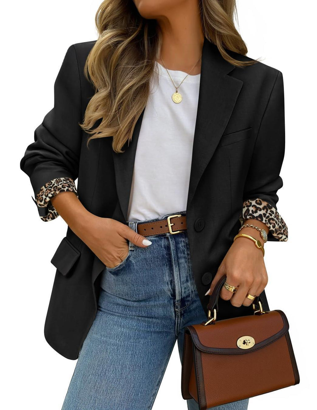 Contraste couleur Leopard-empreinte Lapel Casual Blazer