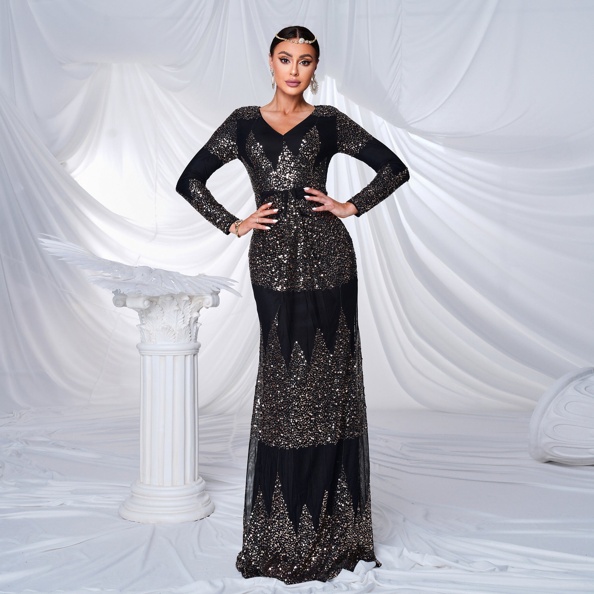 Manches longues col V Sexy Slim-fit Long Sequined Banquet Robe de soirée