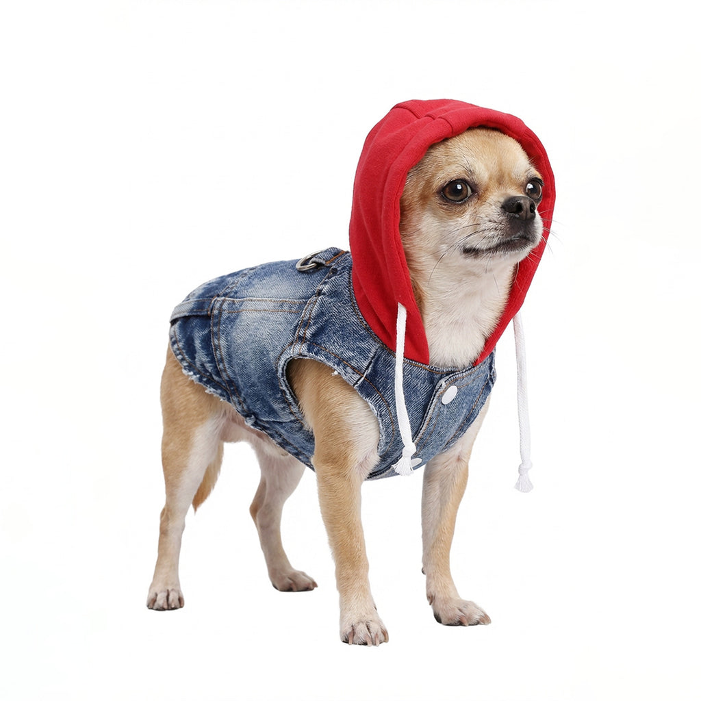 Veste de denim à capuche rouge pour animaux
