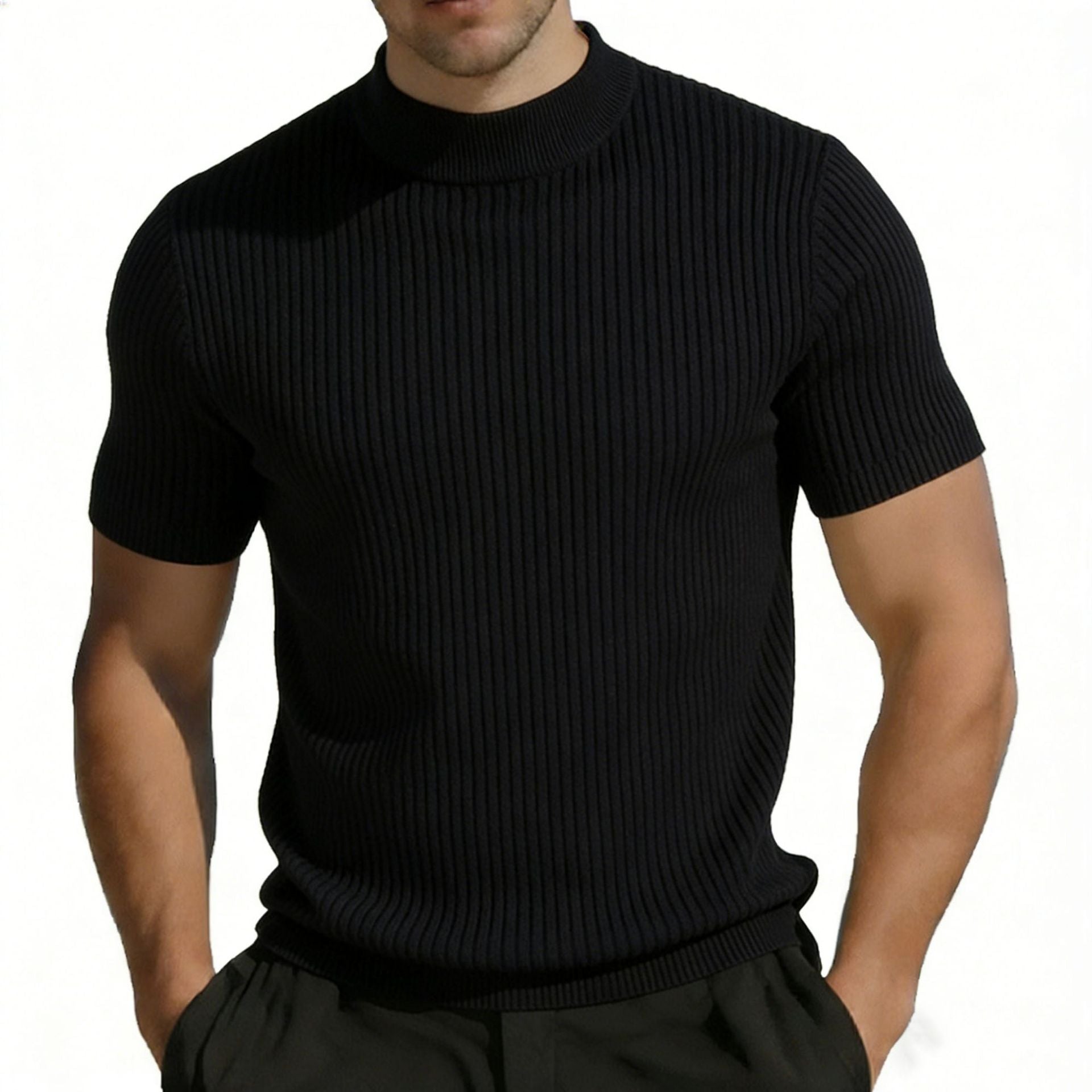 T-shirt tricoté à manches courtes pour homme Mock Neck Couleur solide