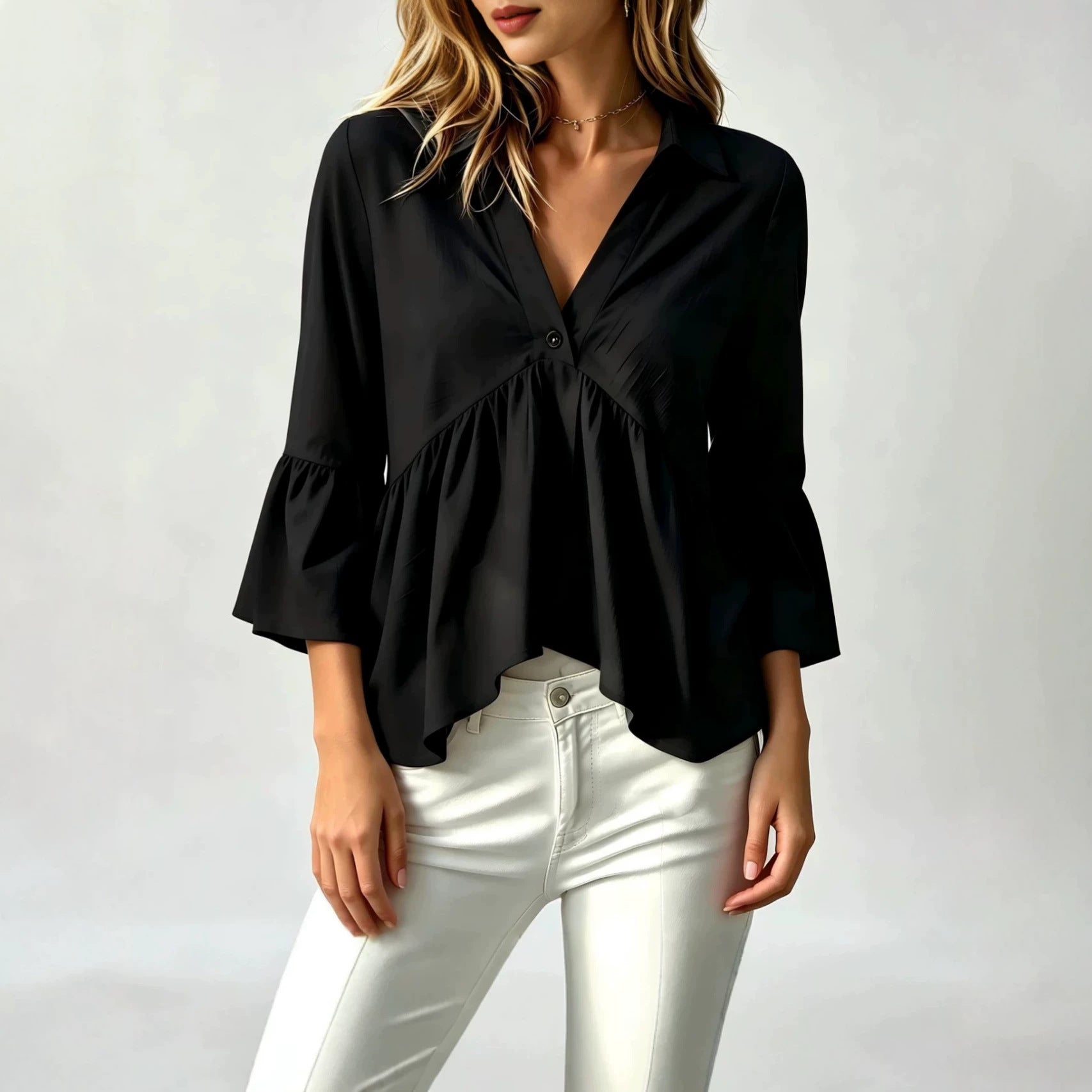 Chemise de couleur unie pour femmes avec un col et des manches volantes