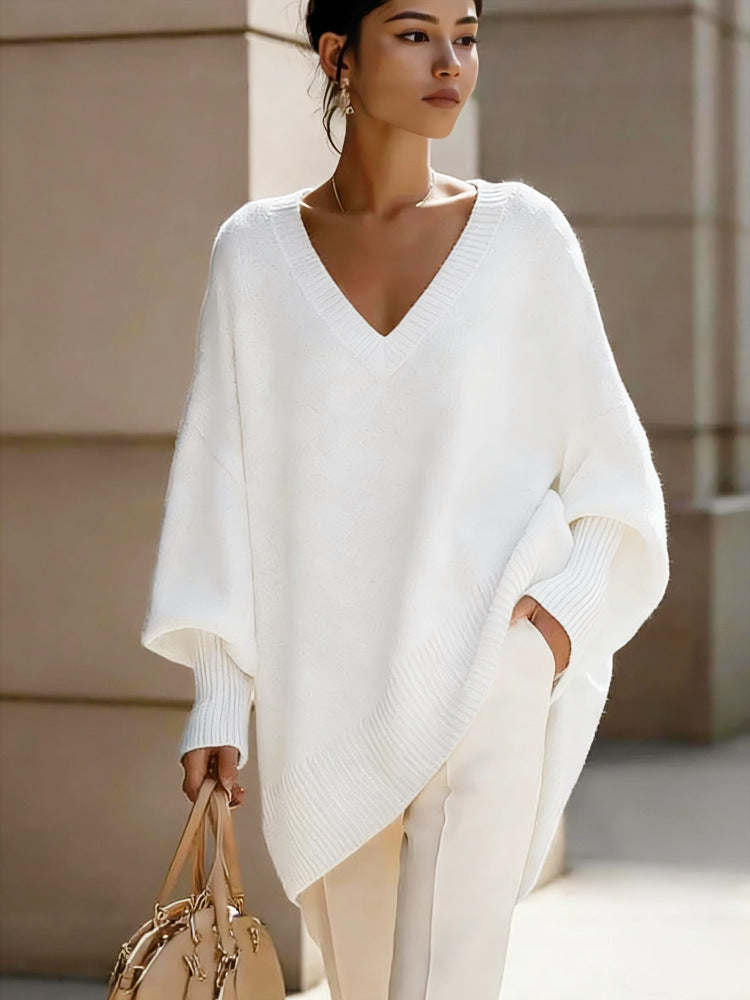 Femmes Solide-colore à la mode pull-fitting avec manches de puff et un col en V