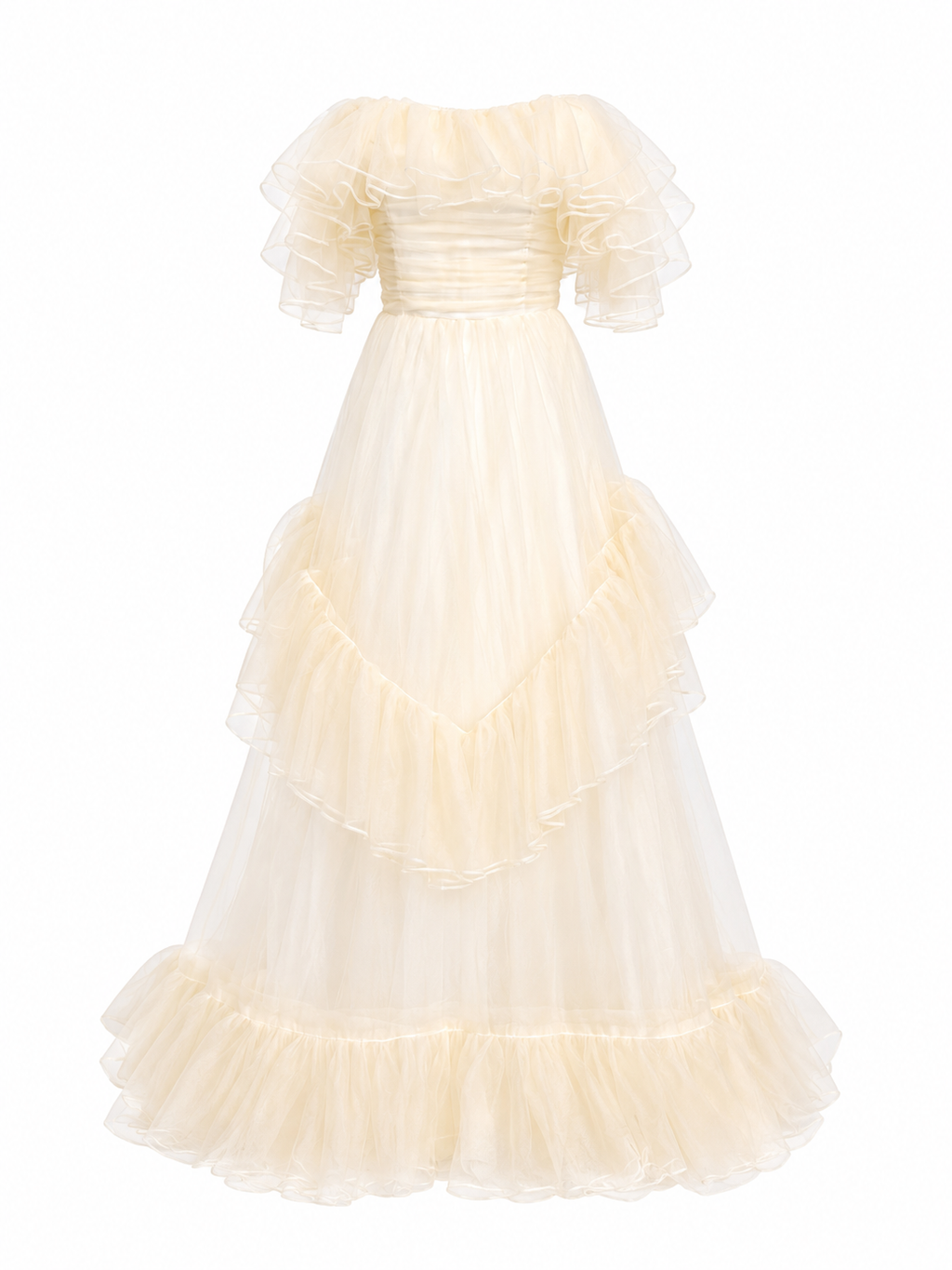 Hors-la-Sholder Ruffle à paliers Tulle Maxi Gown soirée