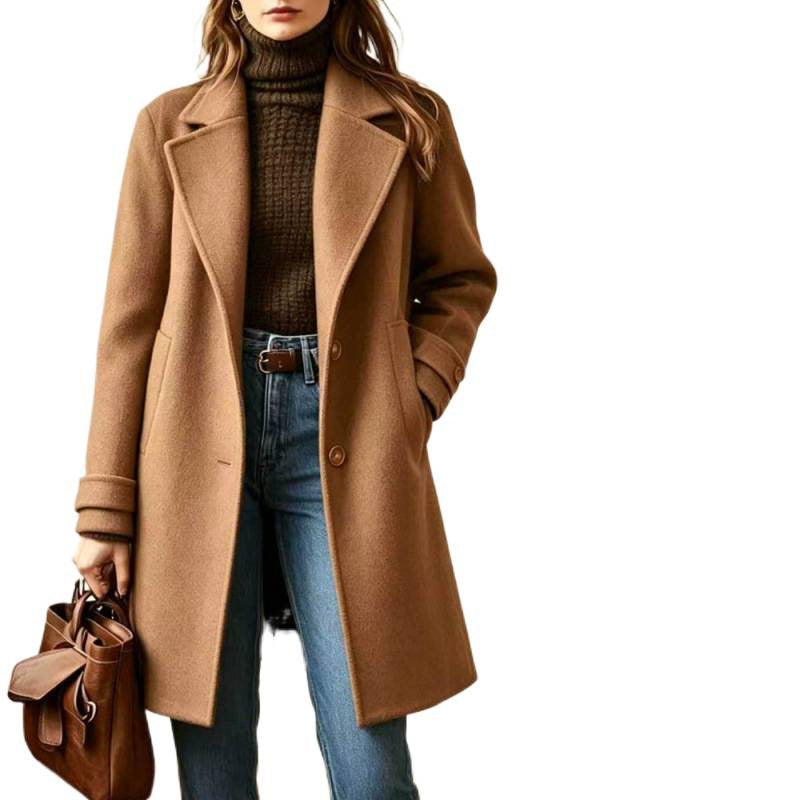 Élégant manteau de laine de couleur unie Midi-longueur avec un lapel
