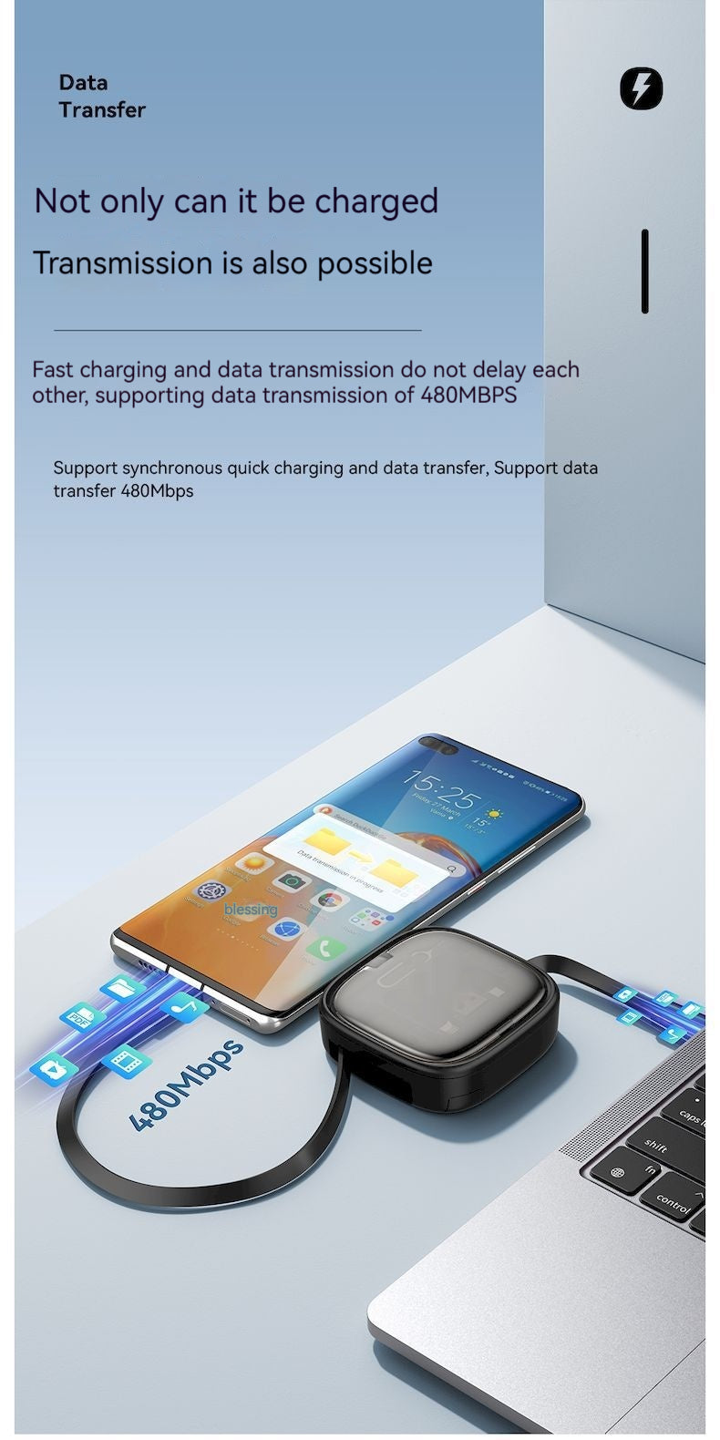 Data Cable Flexible Wire Storage 60W charge rapide Multi-fonction Mobile Téléphone Charger In