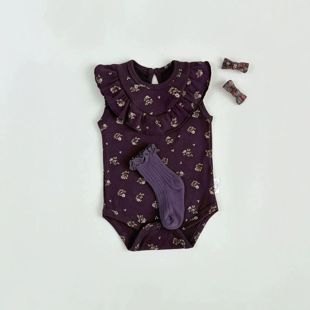 Summer Niche style Ruffled Berry-purple Floral Baby Onesie