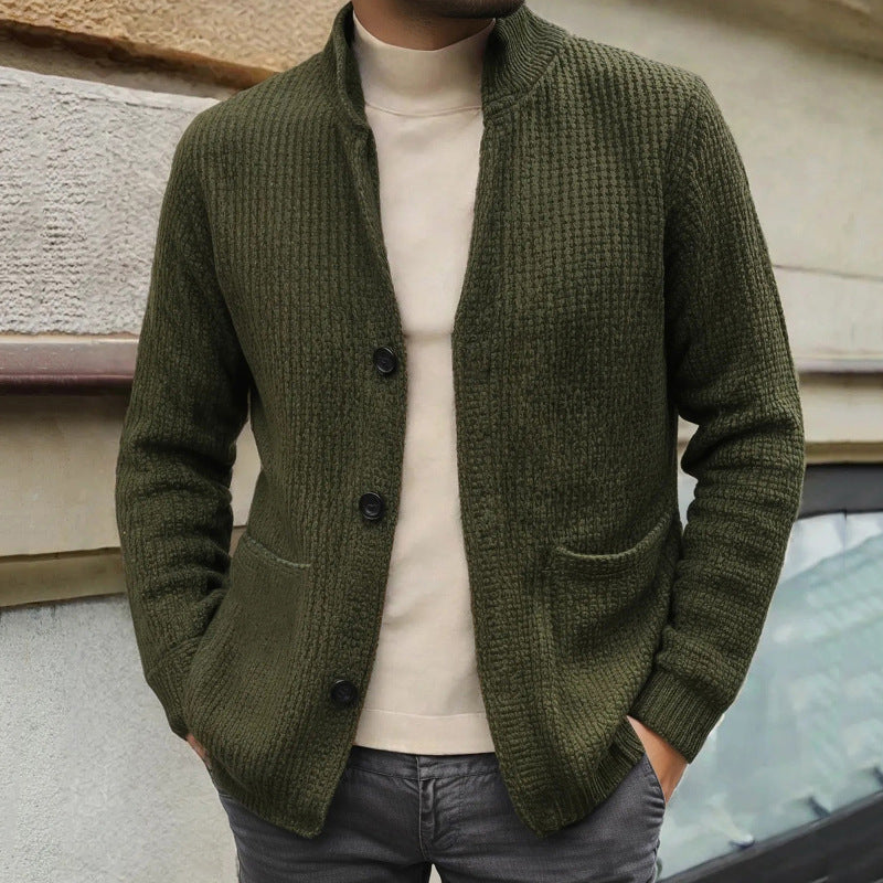 Mens Manteau tricoté de longueur moyenne avec un collier debout