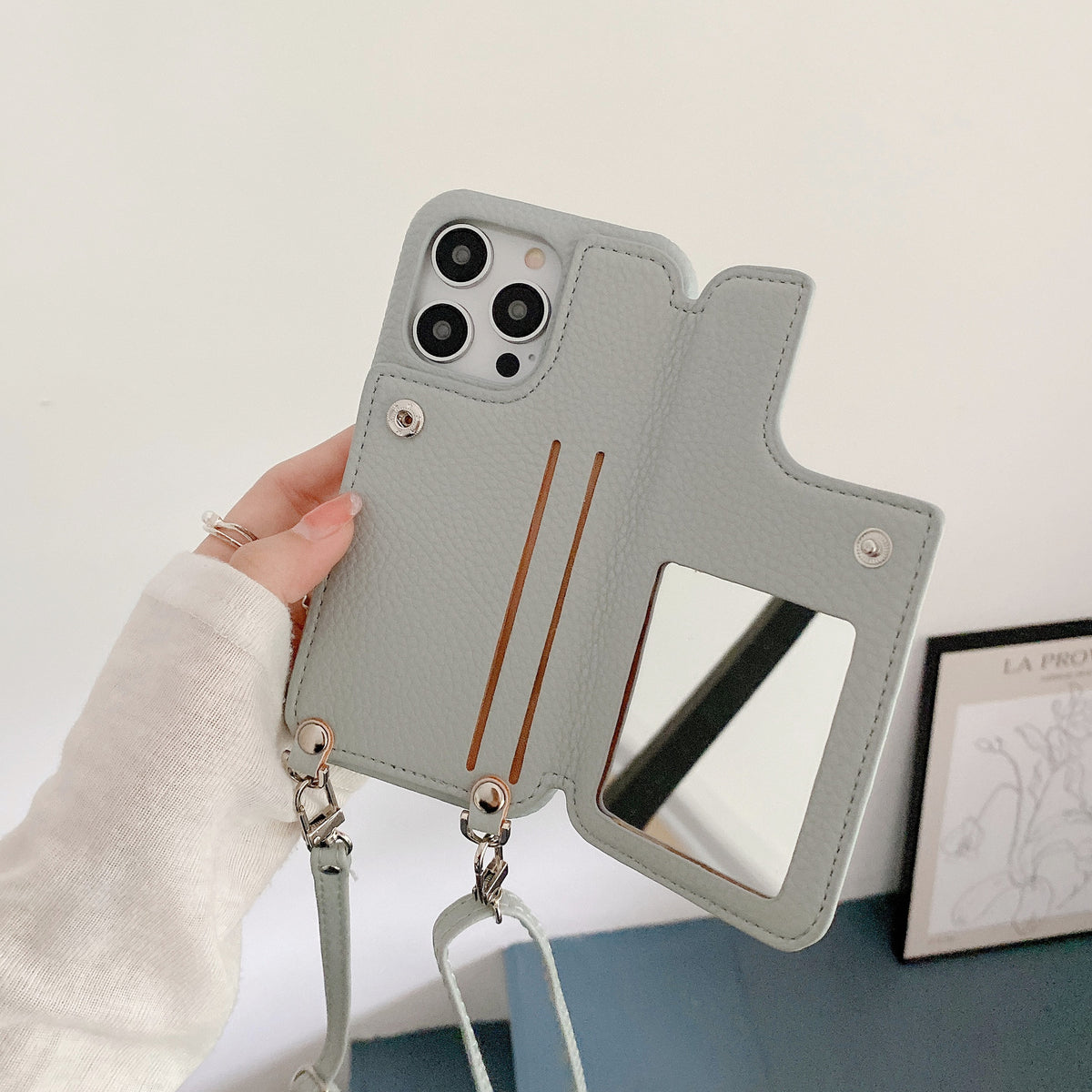 Cas téléphonique Lychee Pattern Insertion de carte Miroir de beauté Crossbody