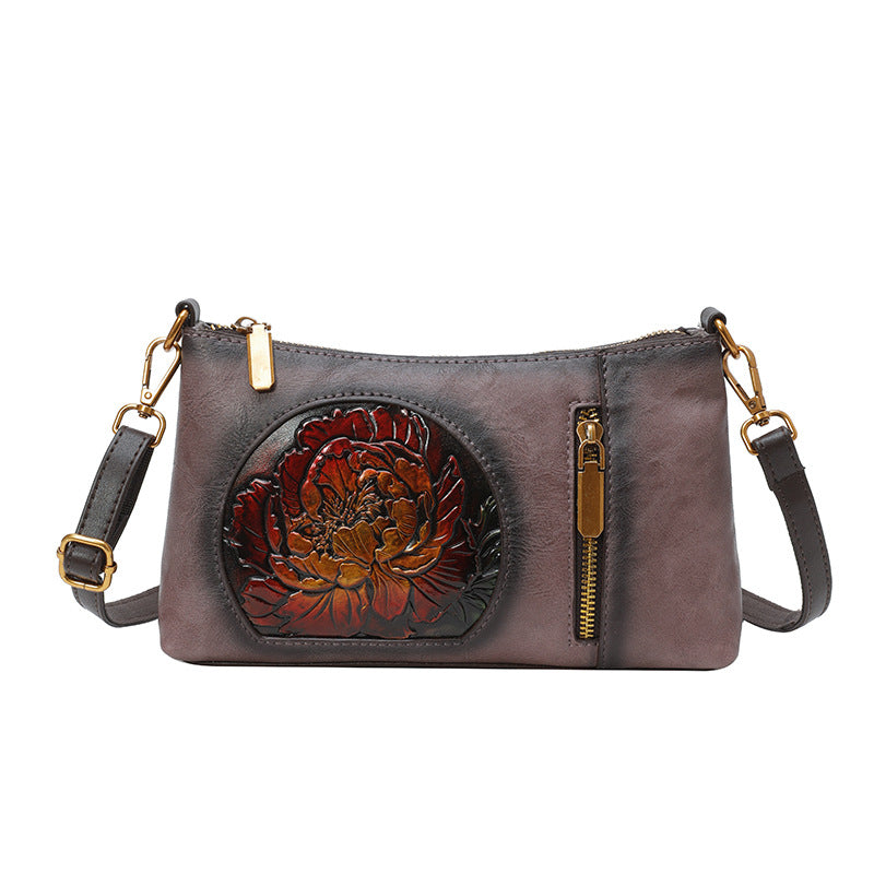 Cuir souple Vintage Ethnic style sac à épaule décontracté en cuir sculpté à la main pour les femmes