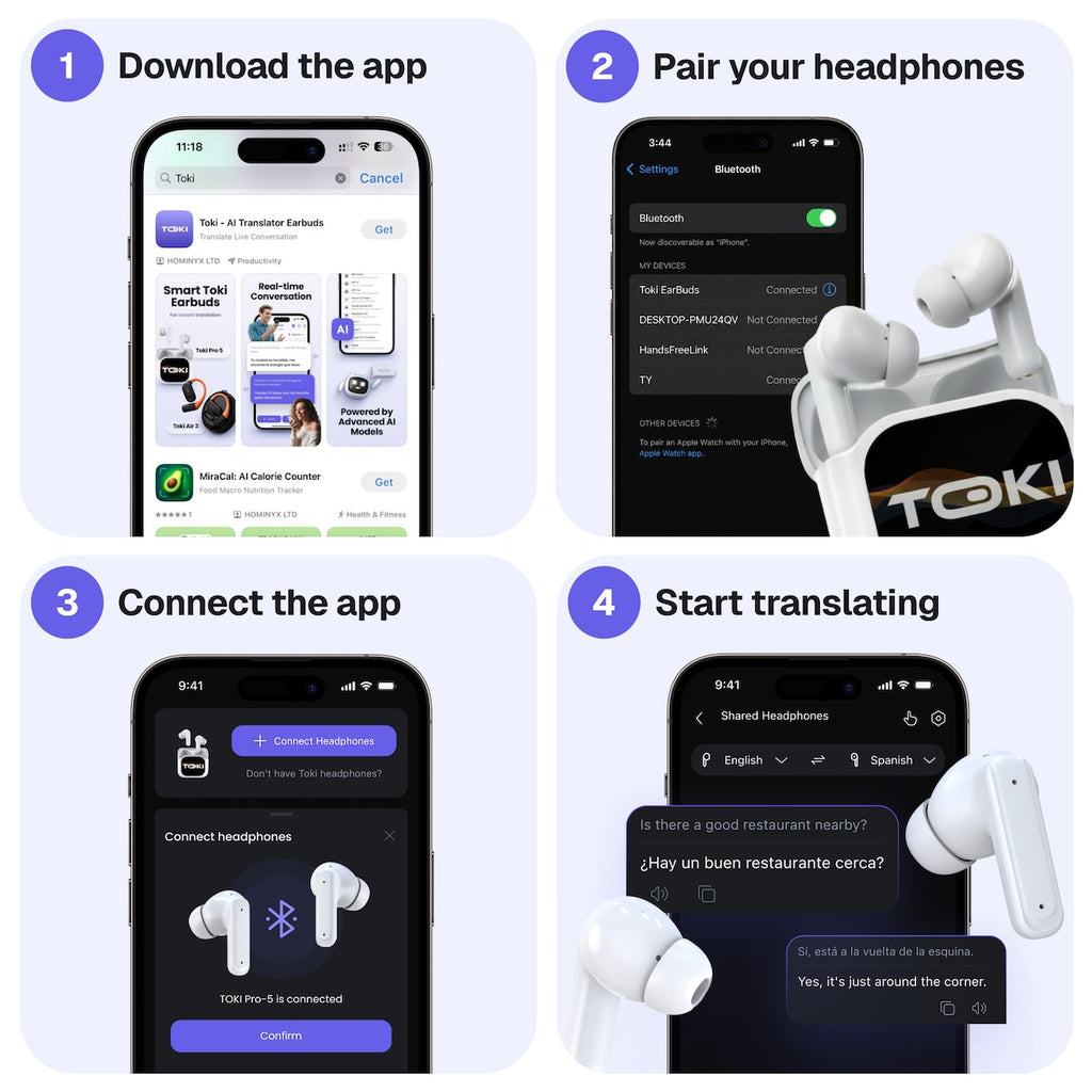 Ecouteurs de traduction AI Toki Pro-5 avec boîtier de recharge à écran LCD intelligent