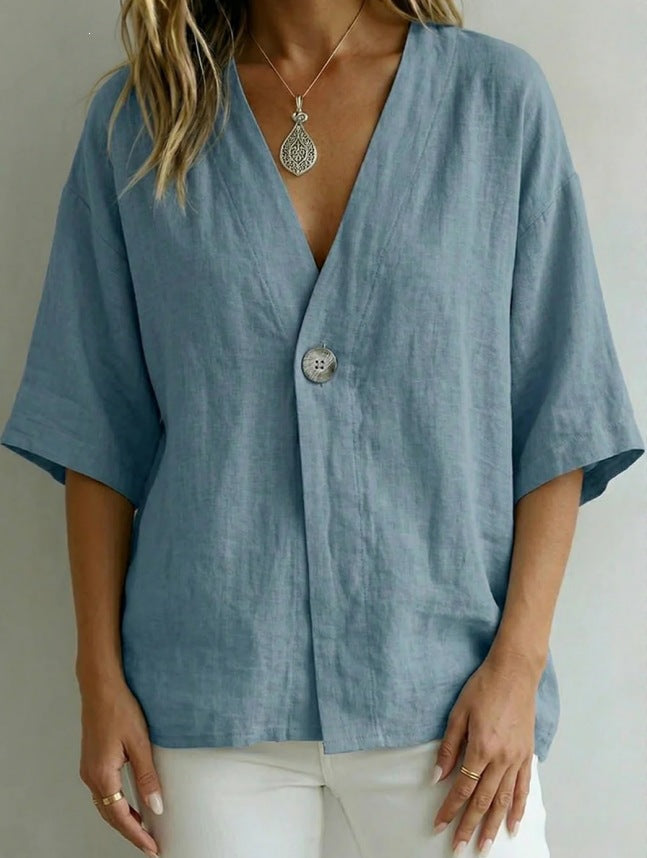 PrintempsÉté Femmes Casual Loose-Fit Solid-Color V-Neck Top avec Boutons