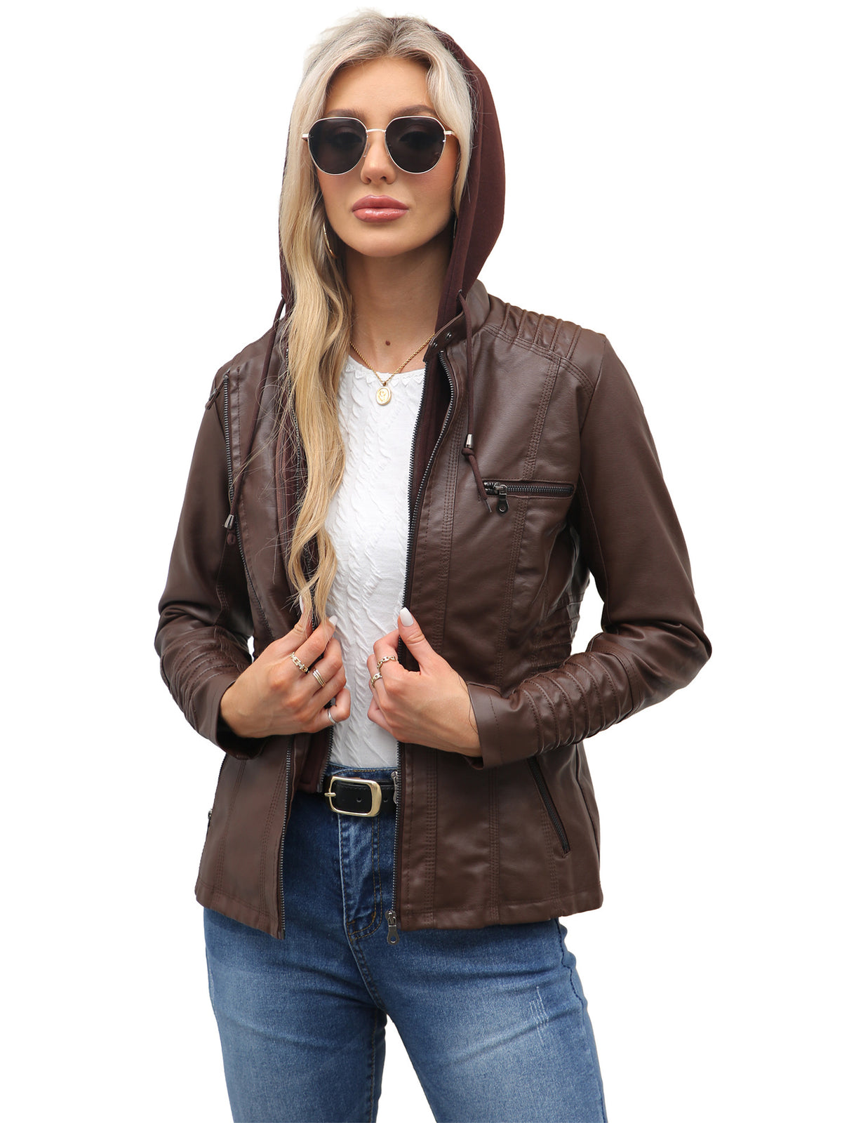 23 Veste en cuir à capuche européenne et américaine Set en deux pièces