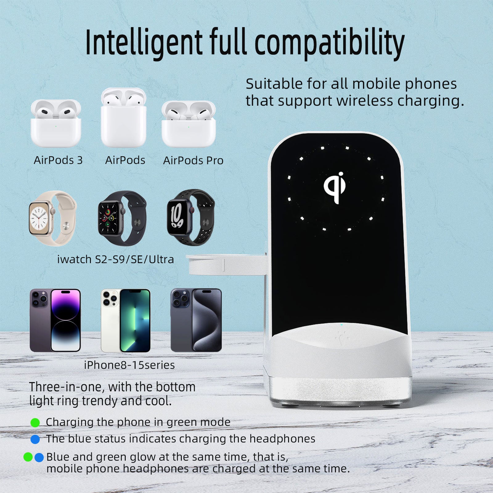 Alignement automatique intelligent Chargeur de charge rapide sans fil à trois en un livré avec un W