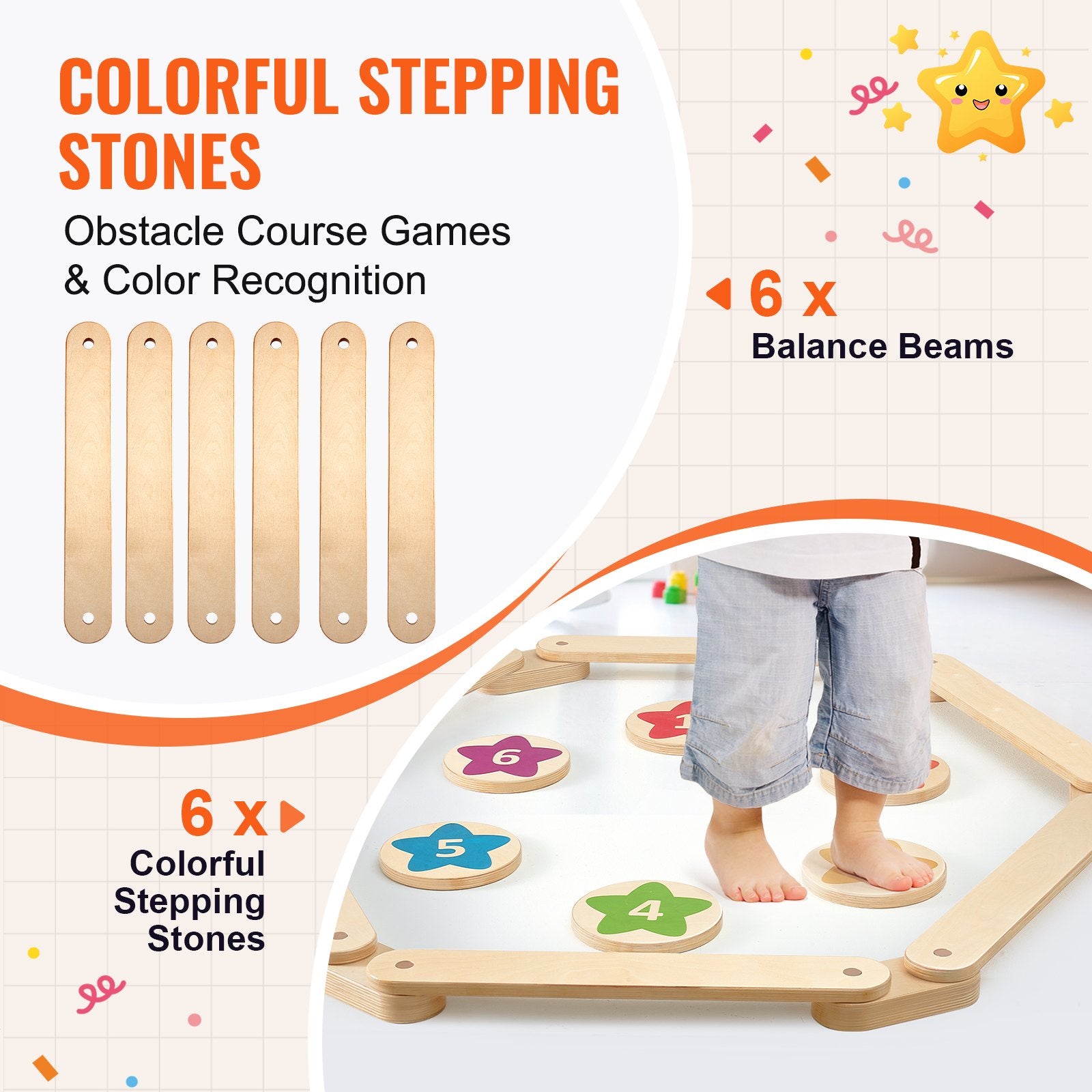 VEVOR Enfants Balance Beam Stepping Stones Gymnastique Enfants Balance Board 6 PCS