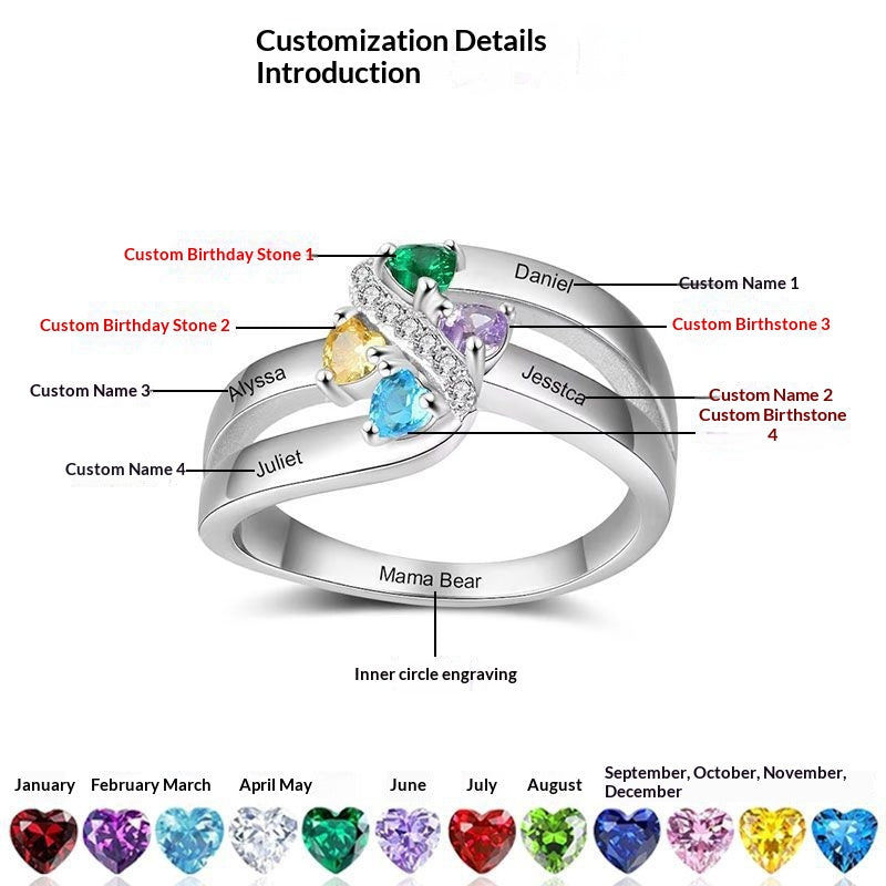 Couleur Blocked Birthstone Laser gravé argent plaqué anneau personnalisé