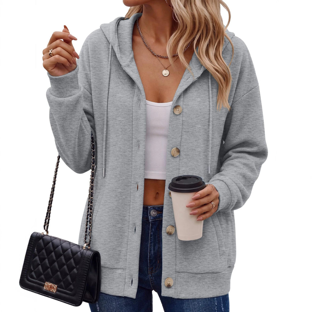 Veste polyvalente de couleur solide bouton-up manteau à capuche casual femmes