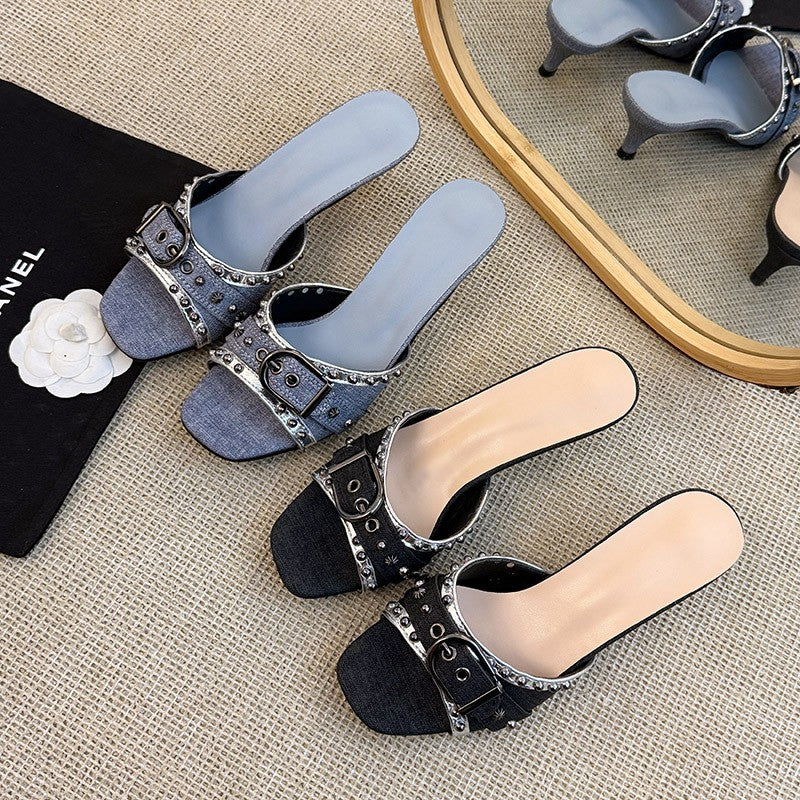 Femmes Retro Y2K Denim Kitten Talon Mules coulissantes