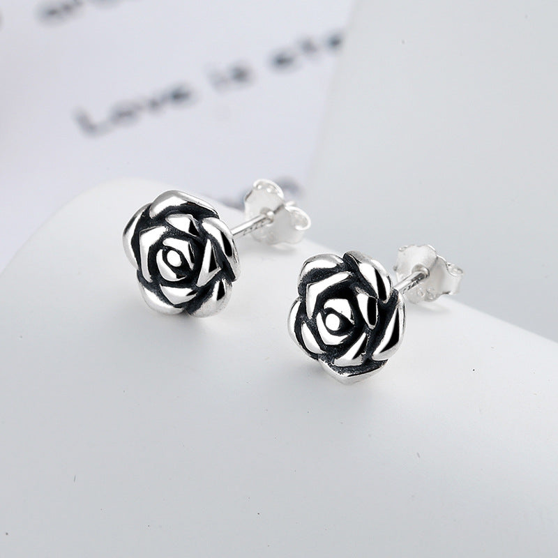 S925 Boucles d'oreilles Sterling Silver Vintage-Style Antique-Rose Flower Sterling