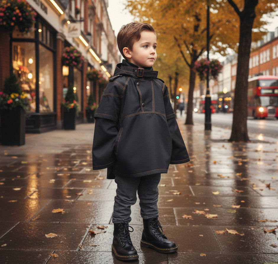 Enfants Léger Poncho Coat Black Cape Jacket Windproof Printemps Âge 3-5Y