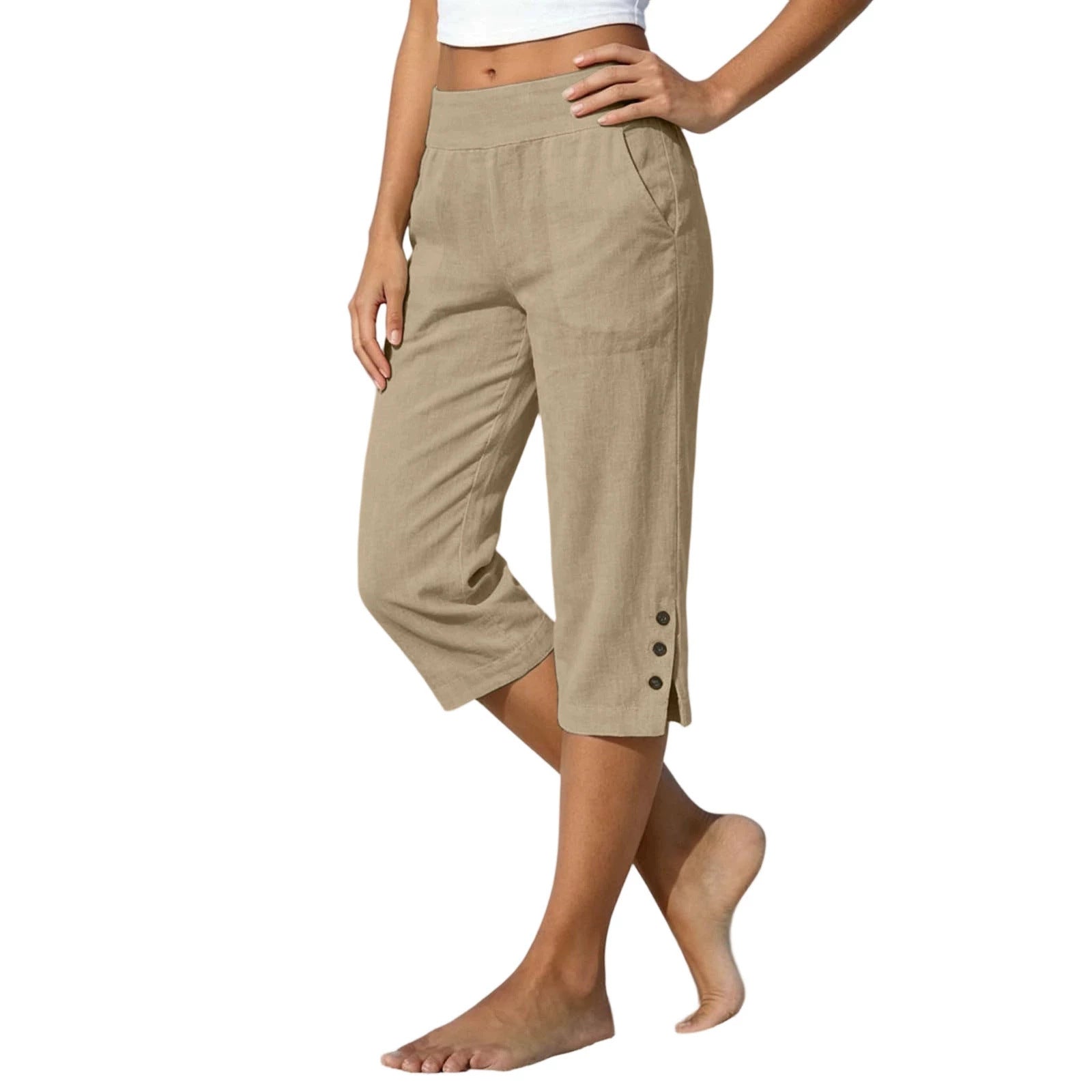 Femmes taille haute Loose-fit Slit-front Casual Jambe droite pantalons avec boutons