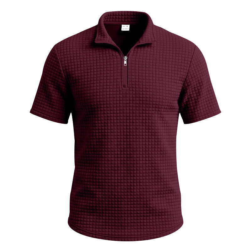 Homme Jacquard Plaid Relaxed-fit Stand-collar Polo manches courtes
