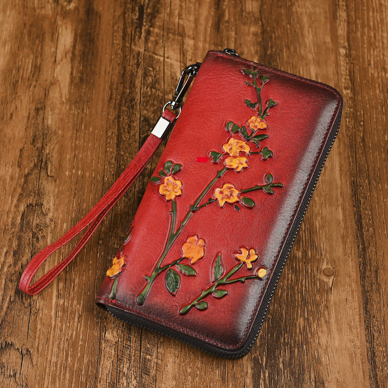 Genuine Leather Women's Wallet - Vintage Embossed Clutch Purse with Card Slots - Euro