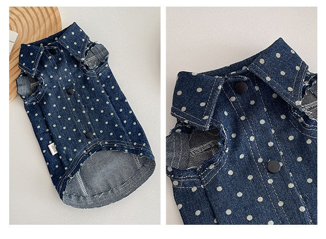 Sphynx Chat Polka Dot Denim Vest avec boutonnage et chapeau pour chats sans cheveux