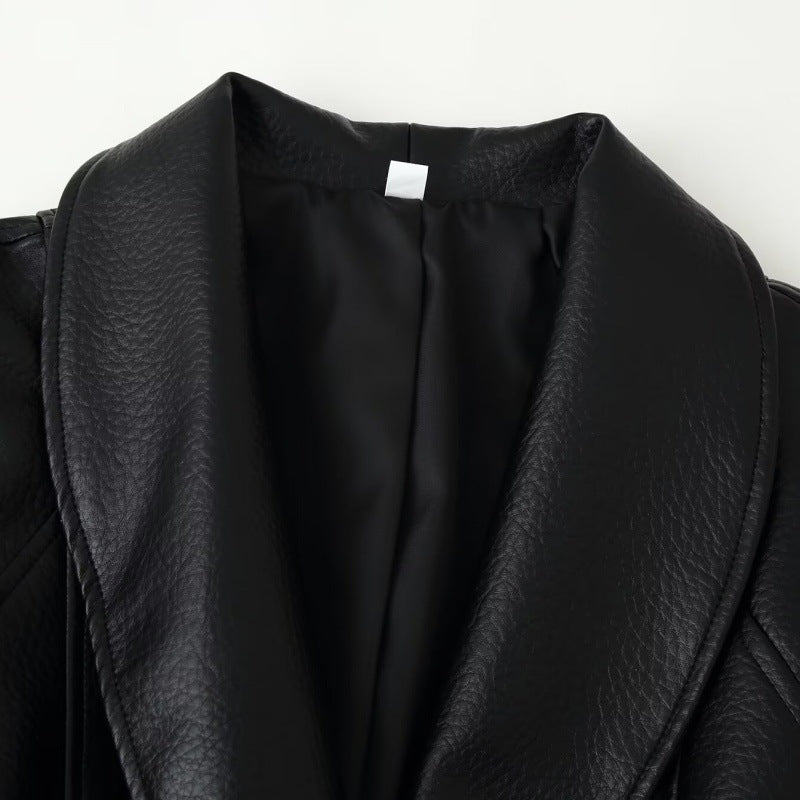 Dentelle PU Veste en cuir pour femmes Veste en cuir court avec conception de cravate