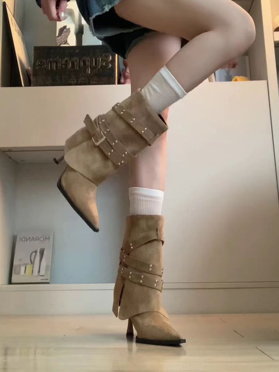 Bottes de tube d'orteil pointue fille Femmes Automne Stiletto Talon Bottes Ceinture Boucle Retro Slimming High